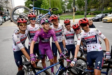 Stage winner Paul Magnier and his Soudal Quick-Step teammates in Sofia