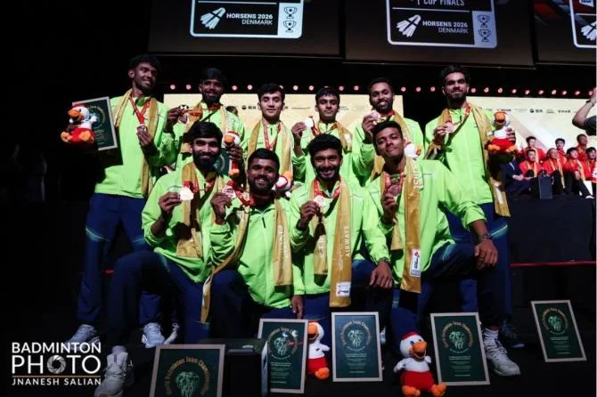 India's Thomas Cup team with their bronze medals on Sunday, May 3, 2026