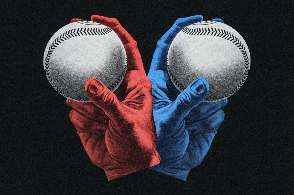A left hand and a right hand, each holding the split-fingered fastball grip